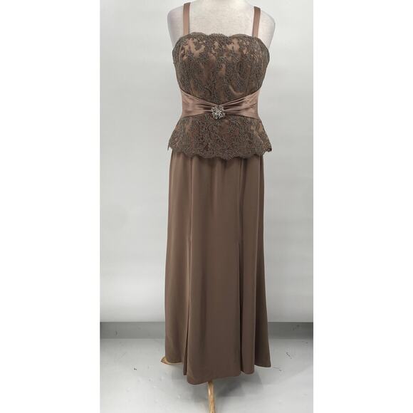 Montage by Mon Cheri Gown Lace Peplum Corseted Bodice Satin Trim Taupe Womens 10 - Picture 4 of 12